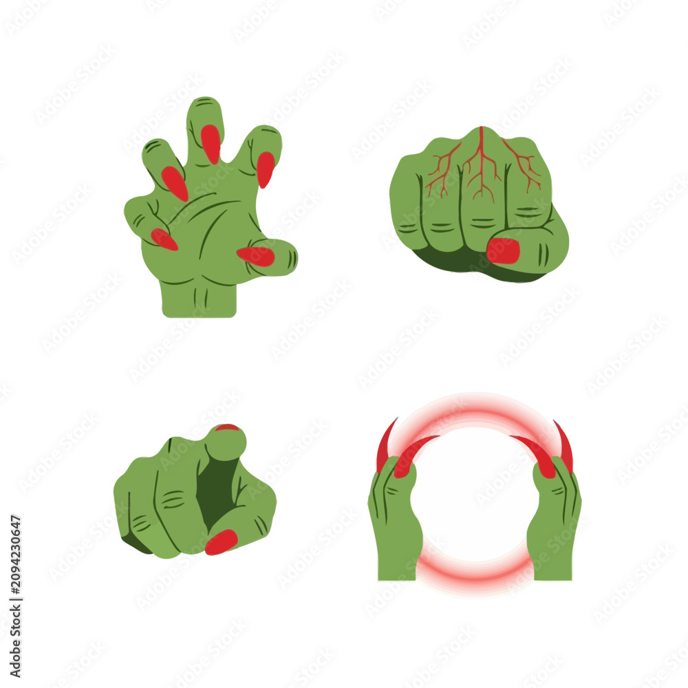 Fototapeta premium Collection of monster hand icons featuring creepy green skin for detailed inpection of halloween vector graphic design elements