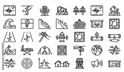 Foto Earthquake disaster outline icons collection | Seismic tremor fault line destruc