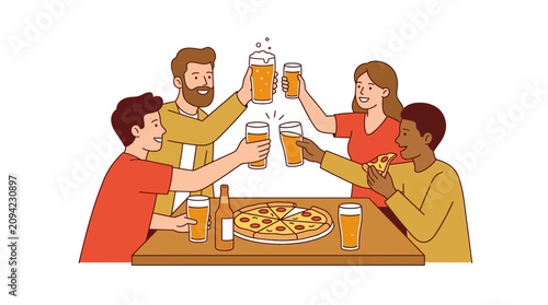 Quadro su tela Friends Toasting Beer and Pizza Celebration