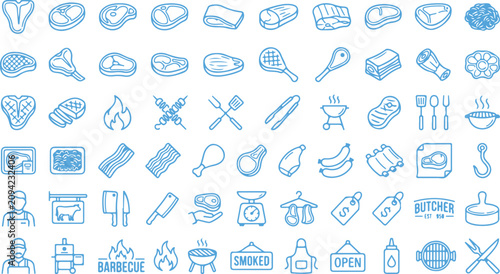 Tableau sur toile Comprehensive butcher shop and meat product sketch icons with butchery steakhous