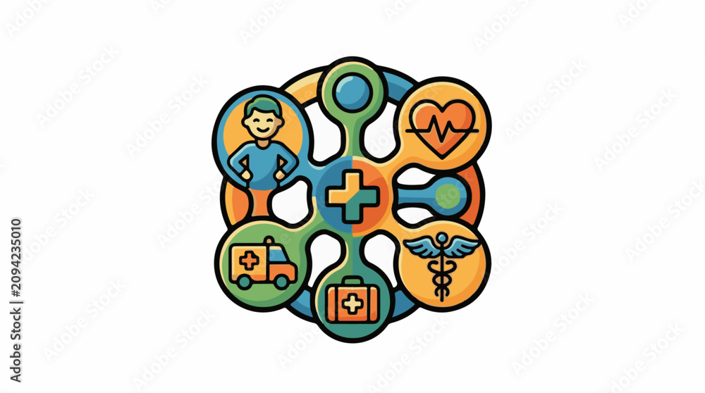 Fototapeta premium Health icons interconnected in a circular design symbolizing care