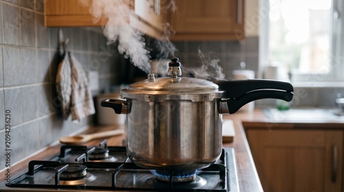 Stainless steel pressure cooker steaming on gas stove in kitchen, Concept of home cooking, food preparation, and healthy meal made by AI generative