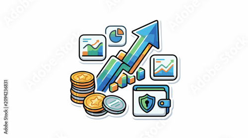 Growth charts stacks of coins and secure wallet icons