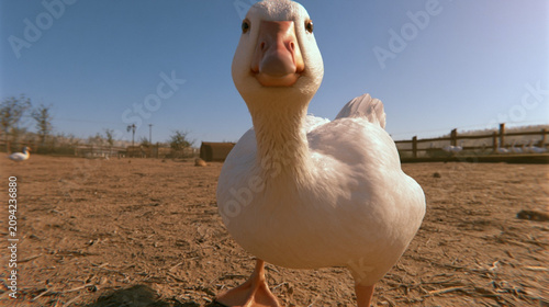 Domestic Goose on Farm with Bright Daylight and Outdoor Background