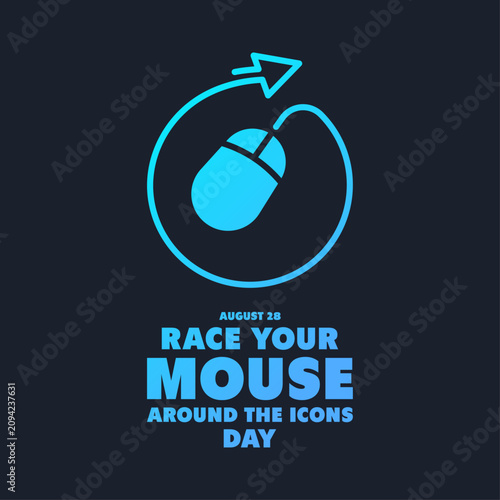 Race Your Mouse Around the Icons Day greeting card or poster illustration. Vector graphic of a computer mouse with a circular arrow icon, celebrating the quirky tech holiday on August 28.
