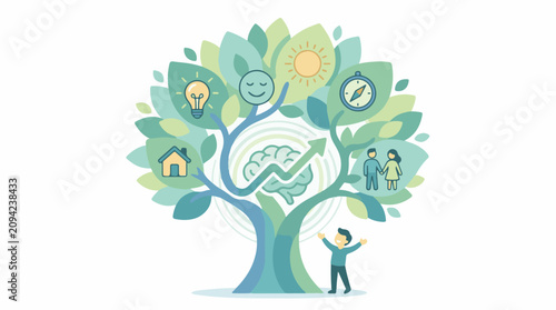 Growth tree with icons of life mind and well-being