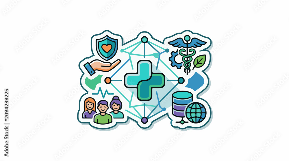 Fototapeta premium Healthcare network with medical symbols and people