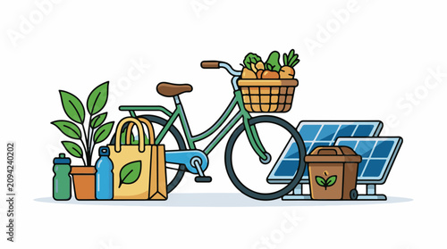Green living objects bicycle shopping bag plant solar panels compost