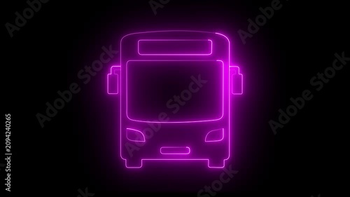 Glowing pink color neon school bus icon isolated on black background. Public transportation symbol. 4K 