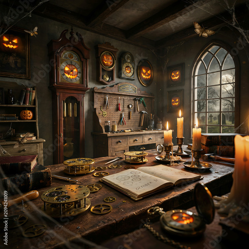 Spooky halloween clockmaker workshop with carved glowing pumpkins and antique tools transparent background