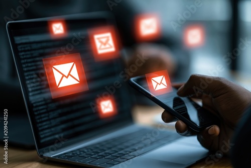 Laptop displaying phishing email warning notifications while