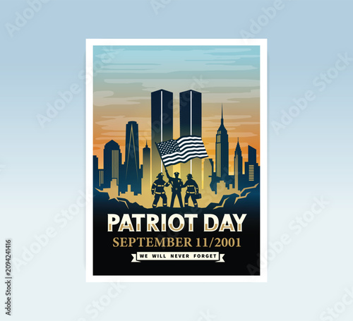 Cuadro en lienzo September 11 Patriot Day Tribute Illustration with Twin Towers and USA Flag