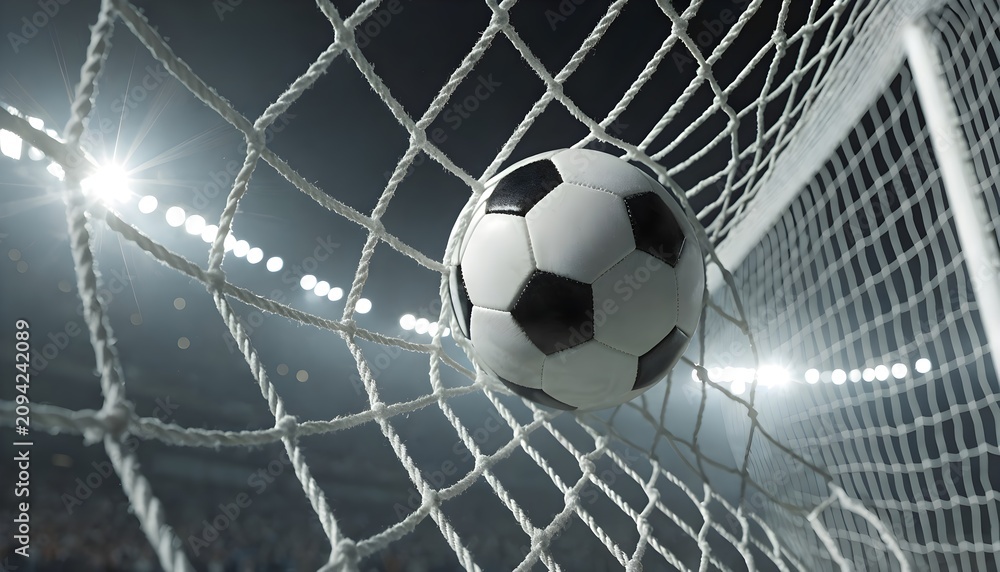 Fototapeta premium A dynamic soccer ball hitting the white mesh of a goal net during an exciting professional stadium match under bright evening floodlights