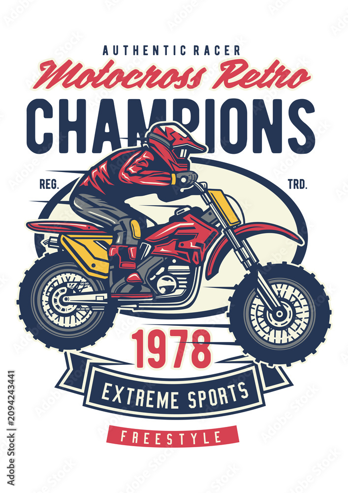 Obraz premium Vintage Motocross Racing Rider Retro Vector Illustration