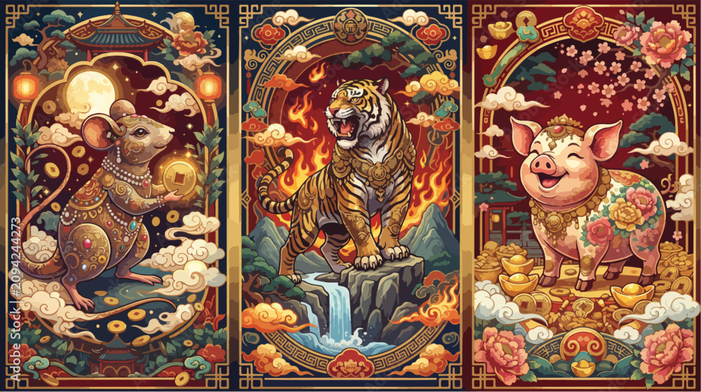 Fototapeta premium Detailed vector graphic illustration showcasing three distinct chinese zodiac animals including a rat a tiger and a happy pig figure