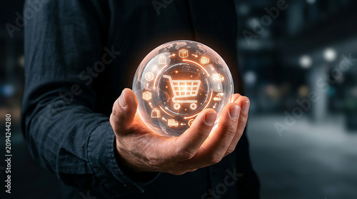 Crystal Ball of Commerce: A hand holds a glowing crystal ball displaying a shopping cart icon, surrounded by digital commerce symbols, symbolizing the future of online shopping and e-commerce trends.