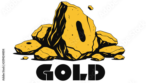 Obraz na plátně Very beautiful realistic vector illustration of raw gold nuggets featuring rich metallic texture, natural rock details, and a bold label reading GOLD, isolated on white background