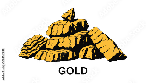 Obraz na plátně Very beautiful realistic vector illustration of raw gold nuggets featuring rich metallic texture, natural rock details, and a bold label reading GOLD, isolated on white background
