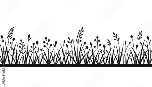 Silhouette pattern of wild grass and weeds growing in a dense row along a solid black baseline on white background.