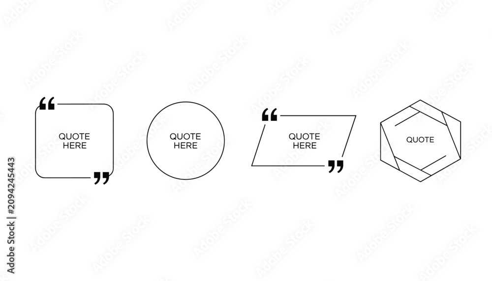 Fototapeta premium Set of four minimalist blank quote frames and speech bubble boxes in a modern thin black line outline style vector.