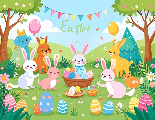 Colorful Easter scene with bunnies and eggs in garden.