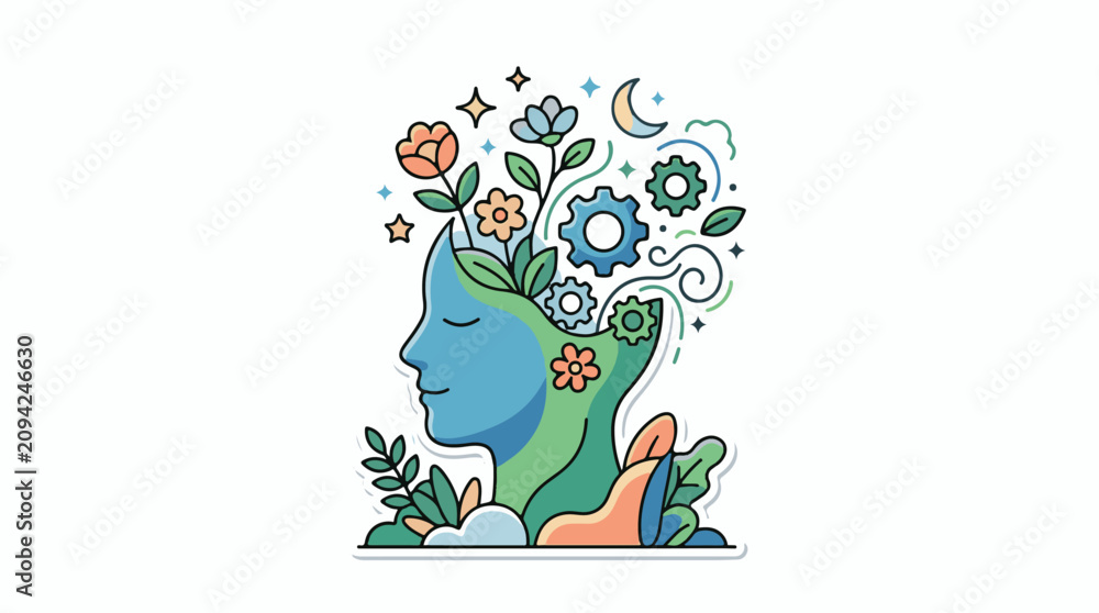 Fototapeta premium Illustration of a serene head with plants gears and celestial elements