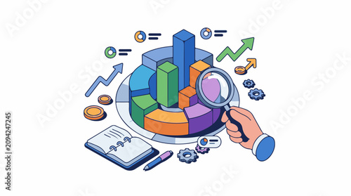 Isometric view of hand examining financial charts and data with magnifier