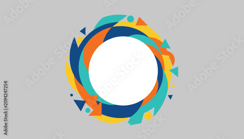 Abstract circular frame showing a vibrant swirl of blue, green, orange, and yellow geometric shapes and triangles.