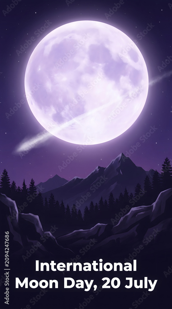 Fototapeta premium Giant moon over mountains. Night sky landscape. Space exploration theme. International Moon Day.