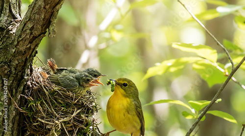 Bird feeding yellow-feathered nestling in nest
