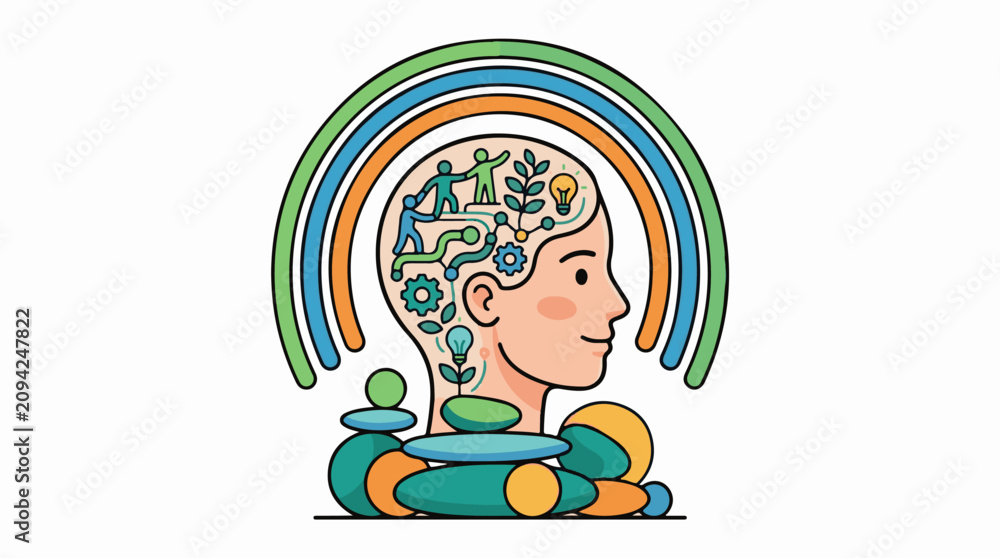 Fototapeta premium Human head with inner workings mental balance and ideas under rainbow arcs