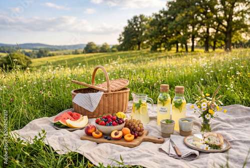 Summer picnic with fresh fruit and lemonade in meadow