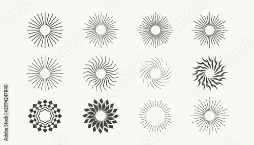 Sunburst linear design set featuring twelve distinct retro starburst and radiant line patterns in black.