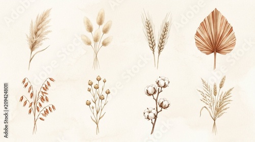 Set of 8 Boho Dried Pampas Grass and Wheat Watercolor Illustrations - Beige Neutral Botanical Elements