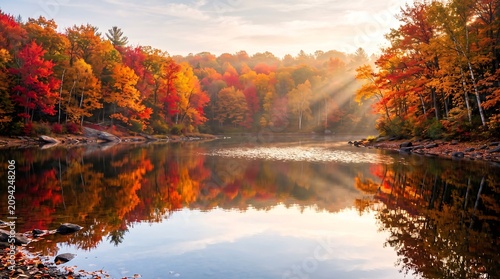 Sun rays shining through mist over autumn colored trees reflecting in lake.