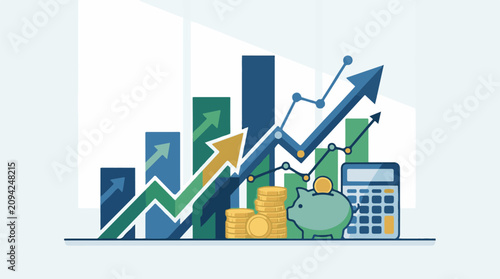 Illustrative graphic of financial growth with bars coins piggy bank and calculator