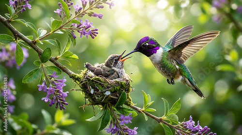 Hummingbird feeding nestling among purple flowers