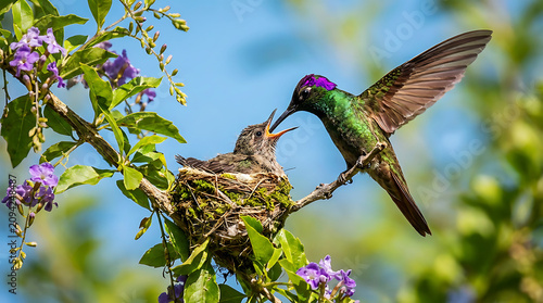 Hummingbird feeding nestling in purple flower bush