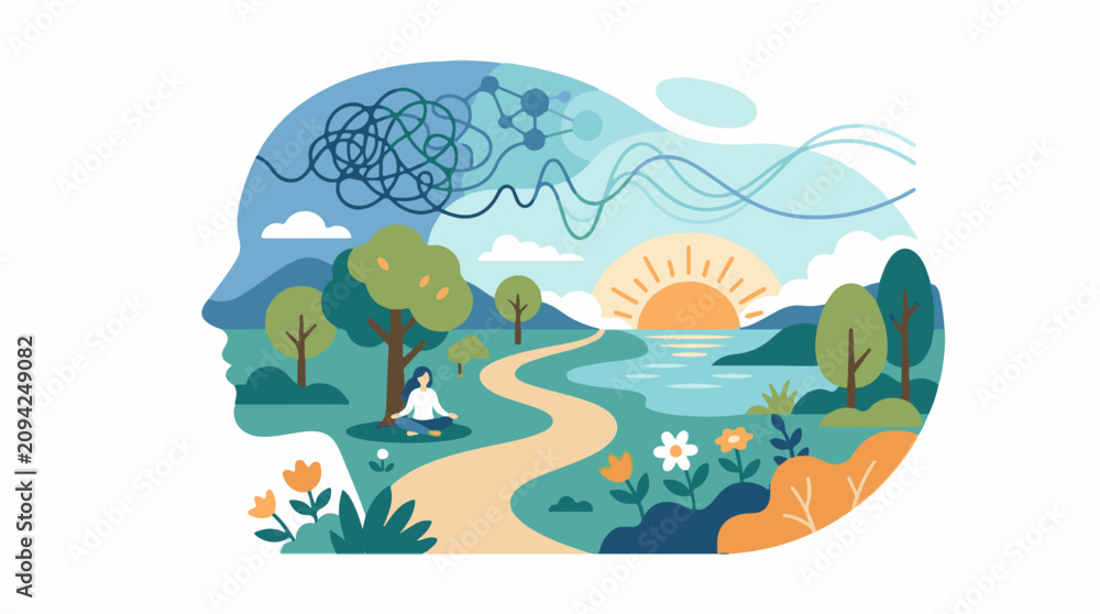 Naklejka premium Inner peace illustrated by a serene landscape within a human head silhouette