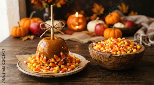 Delicious Caramel Apple Dipped in Toffee and Coated with Candy Corn on a Rustic Wooden Table Surrounded by Autumn Pumpkins and Halloween Decorations