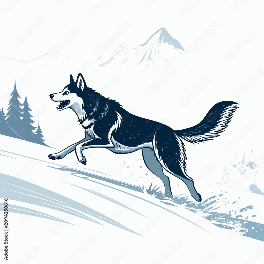 Fototapeta premium siberian husky dog running action silhouette vector illustration