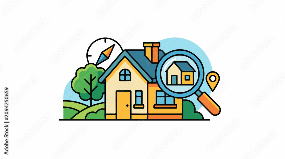 Fototapeta premium Magnifying glass inspects house with compass and location pin