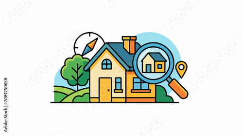 Magnifying glass inspects house with compass and location pin