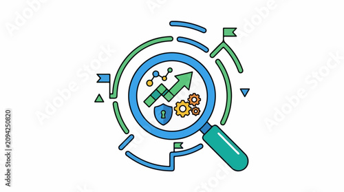 Magnifying glass on upward trend data points shield and gears