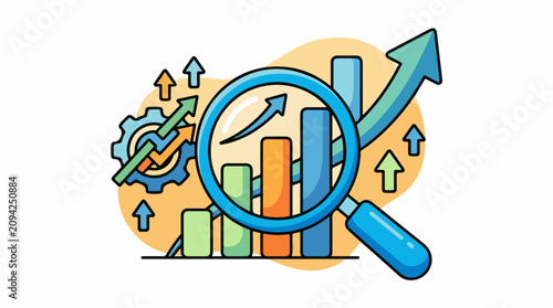Magnifying glass over bar chart with upward arrows and gears
