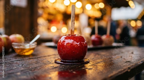 Shiny red candied toffee apple on a wooden stick sits on a rustic table at a festive outdoor Christmas market with warm bokeh lights background creating a cozy holiday atmosphere for a sweet snack