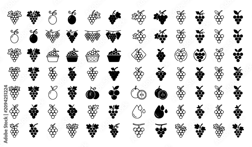 Obraz premium Grape Stroke Line and Solid Black Icon Set Editable Vector Collection