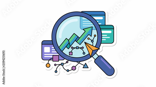 Magnifying glass over digital data with growth chart and abstract elements