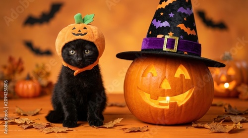 Adorable Black Kitten Wearing Cute Pumpkin Hat Sitting Next to Glowing Jack-o'-lantern with Witch Hat for Halloween Celebration Backdrop Decoration
