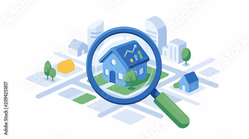 Magnifying glass over house on map with growth chart